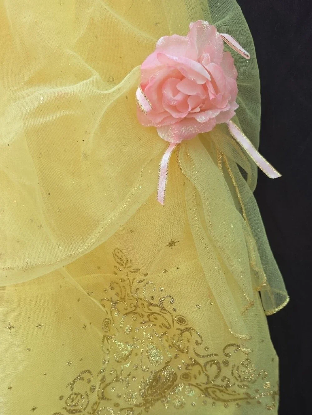 Disney Princess Belle Ball Gown Costume with Pink Floral Accents.